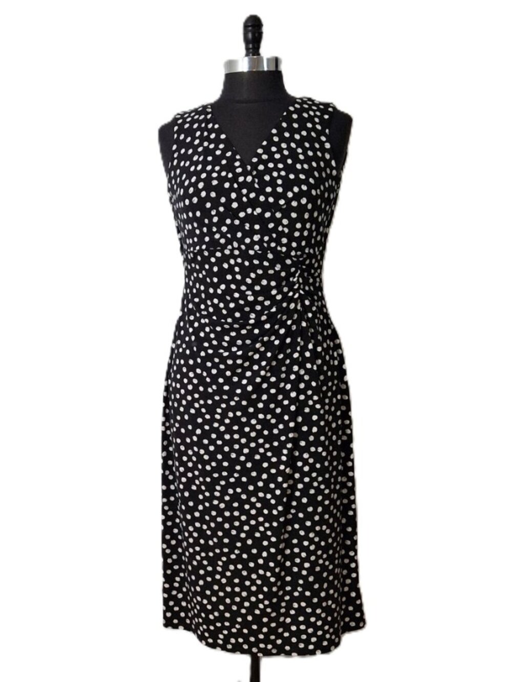 Vintage Empire Sz 12 Waist Wrap Dress Blue White Polka Dot Ruched Waist Lined